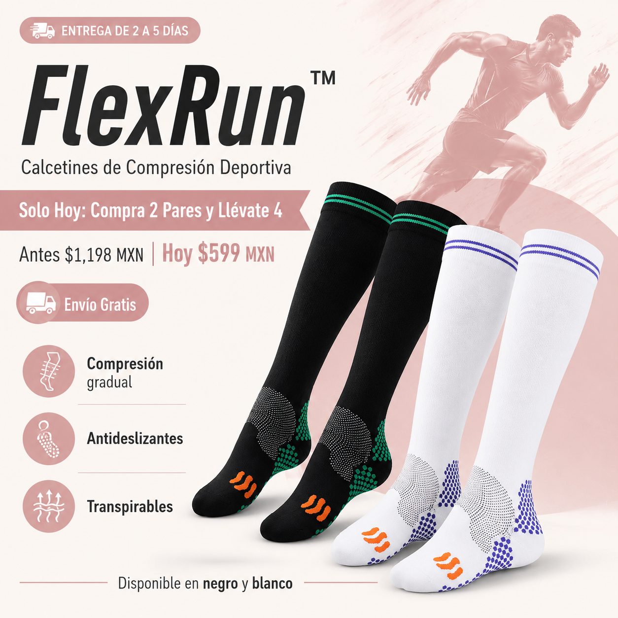 FlexRun™ Calcetines de Compresión Deportiva Solo Hoy: Compra 2 Pares y Llévate 4 + Envío Gratis