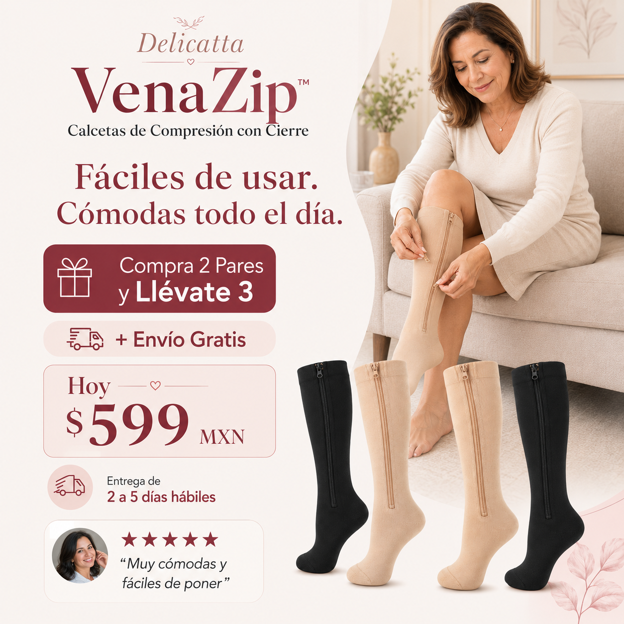 VenaZip™ Calcetas de Compresión con Cierre Compra 2 Pares y Llévate 3