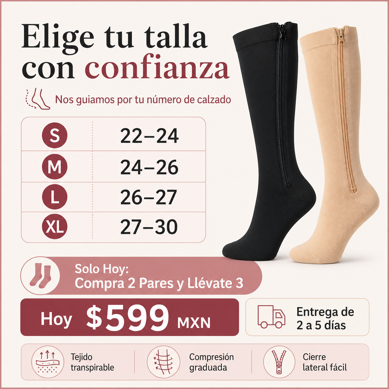 VenaZip™ Calcetas de Compresión con Cierre Compra 2 Pares y Llévate 3