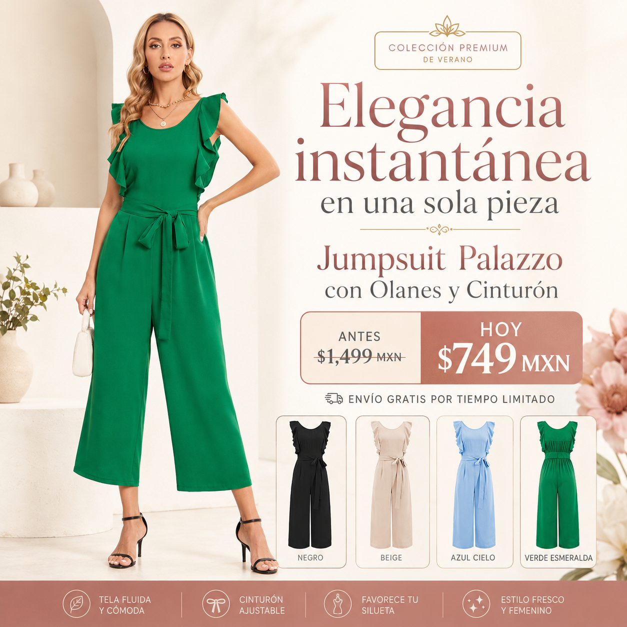 Jumpsuit Palazzo con Olanes y Cinturón